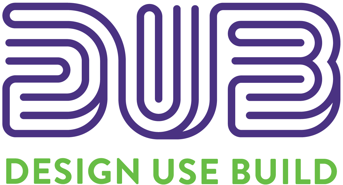 UW DUB logo with the letters D, U, and B in a stylized purple font over the words Design Use Build in bright green.